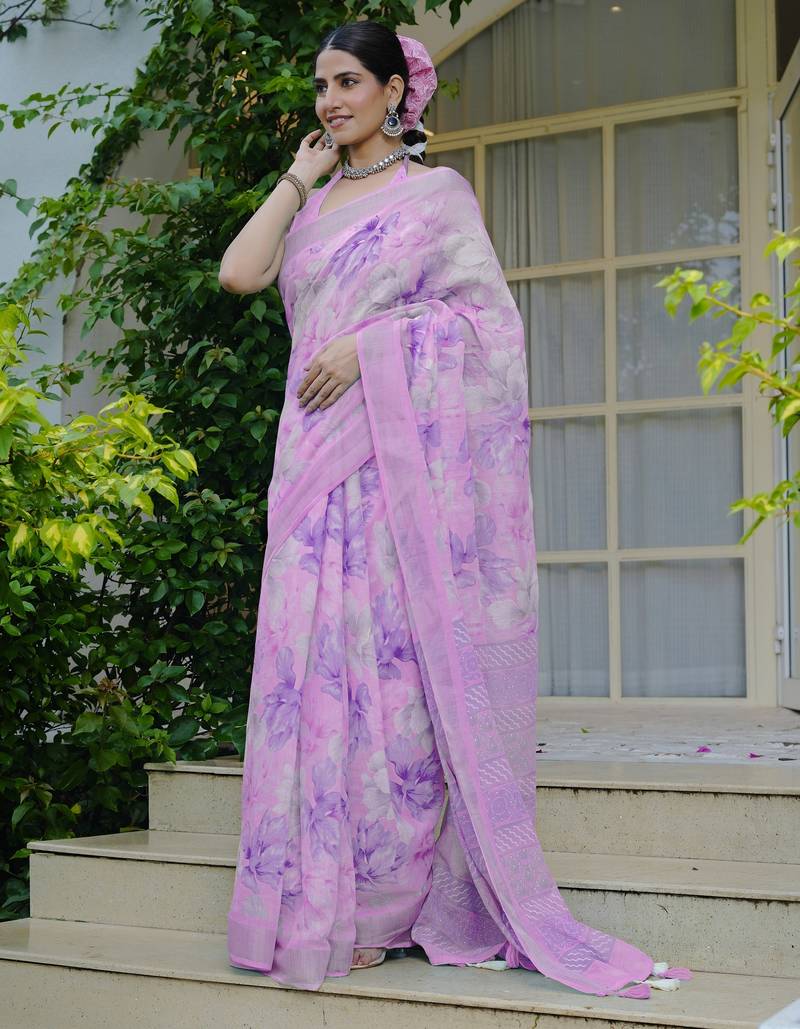 pink floral print cotton blend saree with blouse piece