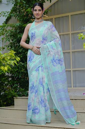 turquoise floral print cotton blend saree with blouse piece