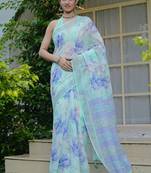 turquoise floral print cotton blend saree with blouse piece