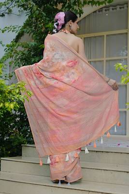 orange floral print cotton blend saree with blouse piece 5