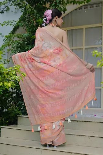 orange floral print cotton blend saree with blouse piece