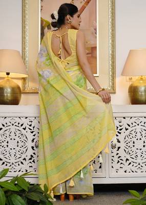 yellow floral print cotton blend saree with blouse piece 4