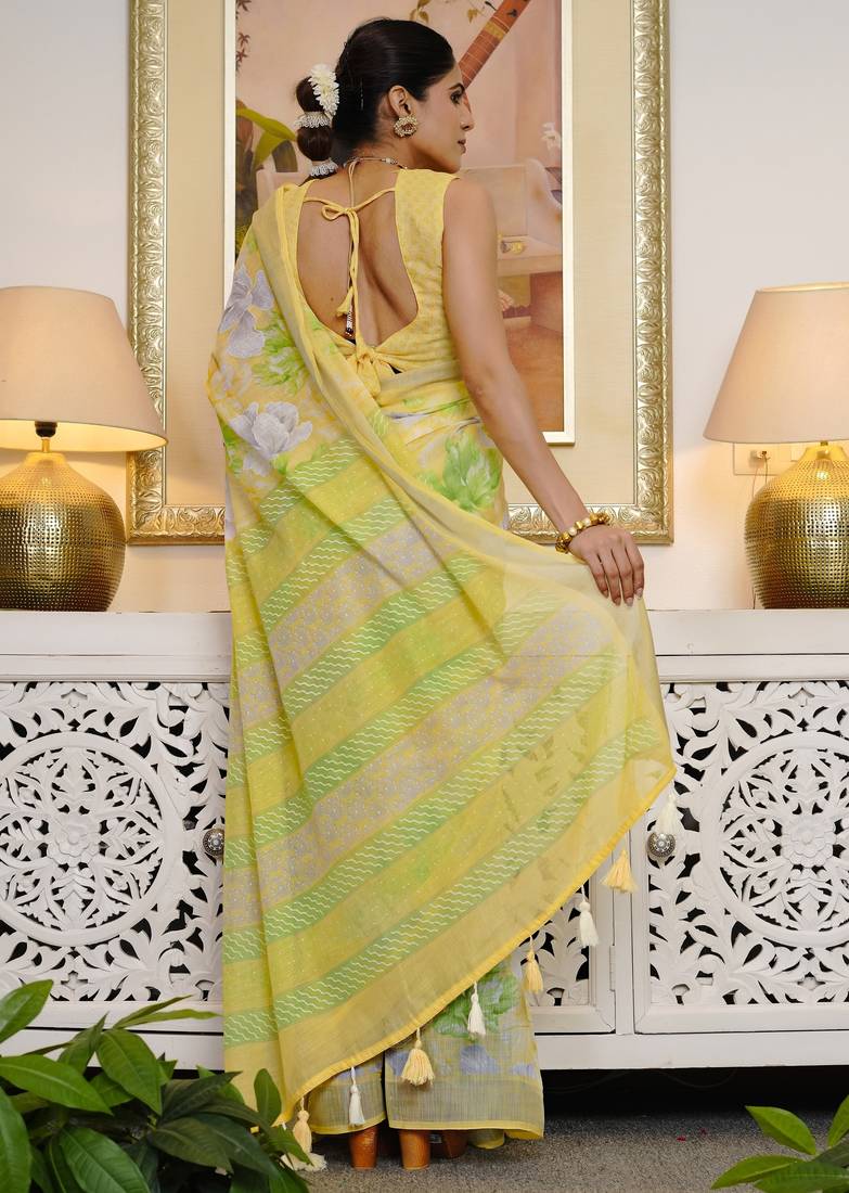 yellow floral print cotton blend saree with blouse piece