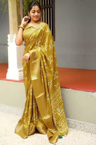 yellow floral print cotton silk saree with blouse piece