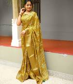 yellow floral print cotton silk saree with blouse piece