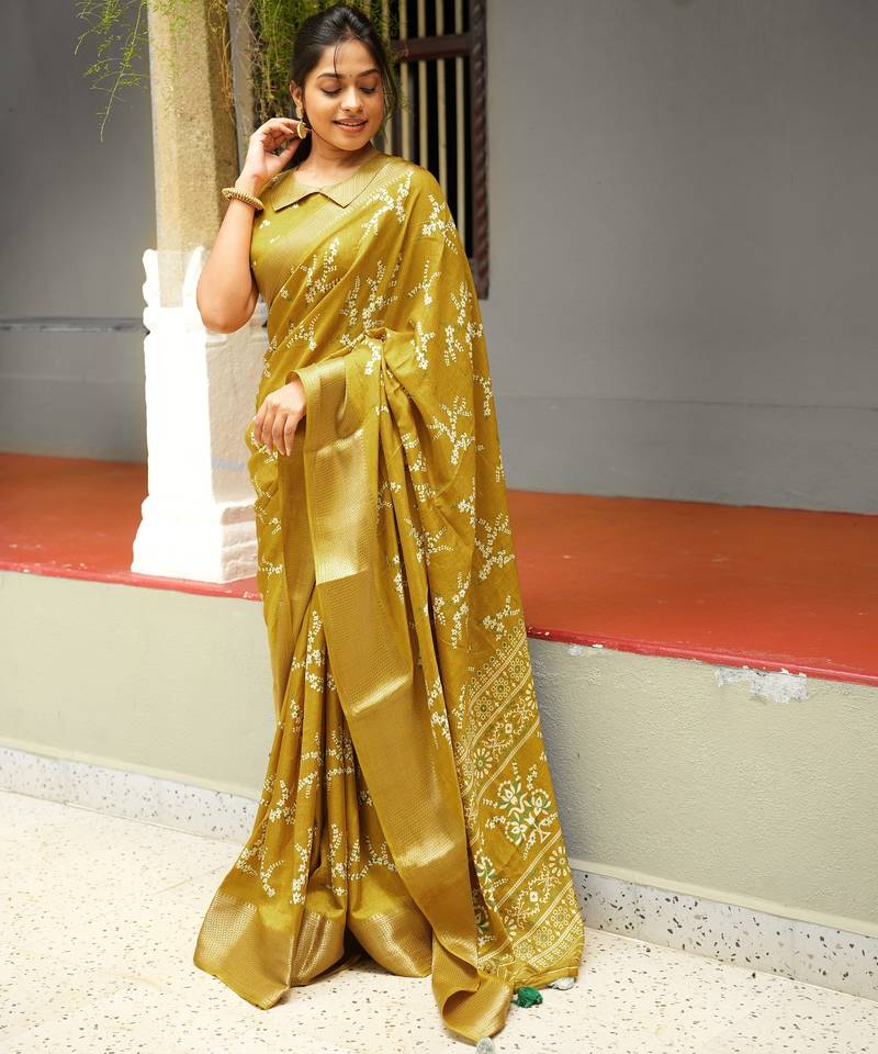 yellow floral print cotton silk saree with blouse piece