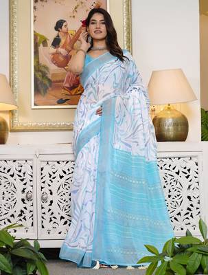 white geometric print cotton blend saree with blouse piece 1