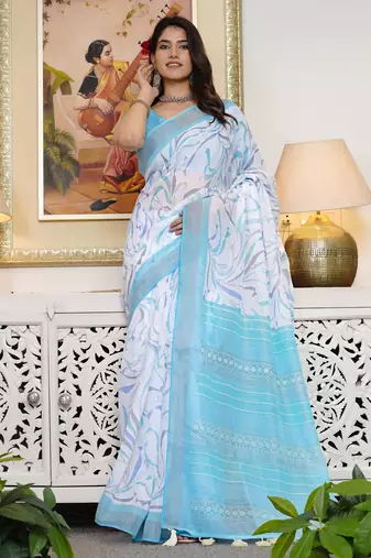 white geometric print cotton blend saree with blouse piece