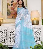 white geometric print cotton blend saree with blouse piece