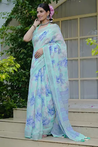turquoise floral print cotton blend saree with blouse piece