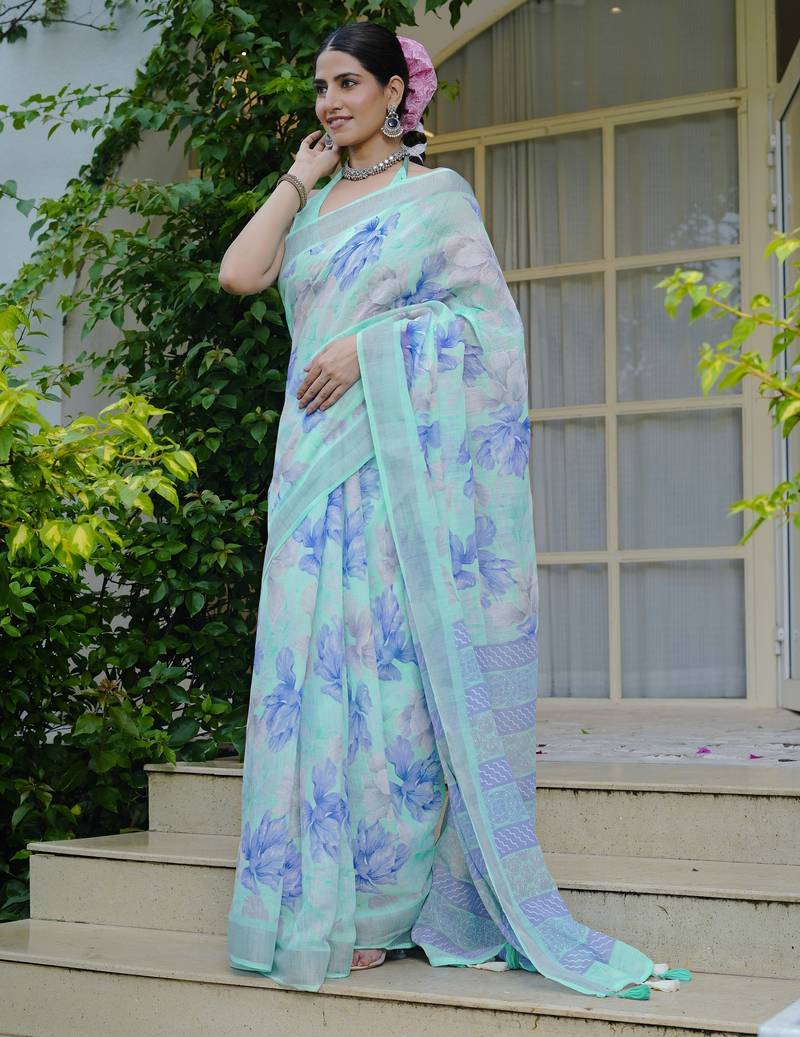 turquoise floral print cotton blend saree with blouse piece