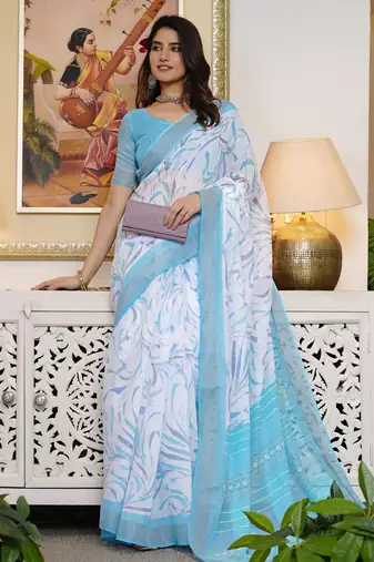 white geometric print cotton blend saree with blouse piece