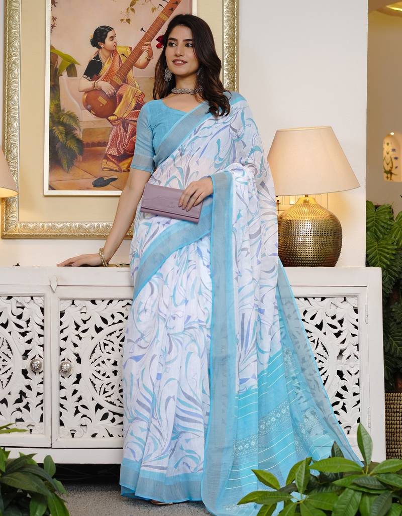 white geometric print cotton blend saree with blouse piece