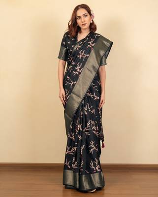 black floral print cotton silk saree with blouse piece 1