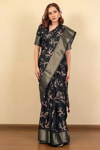 black floral print cotton silk saree with blouse piece