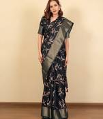 black floral print cotton silk saree with blouse piece
