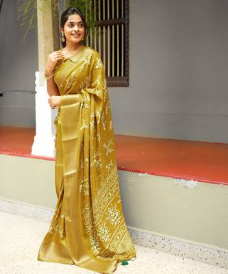 green geometric print cotton silk saree with blouse piece 3