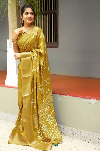 green geometric print cotton silk saree with blouse piece