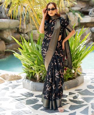 black floral print cotton silk saree with blouse piece 2