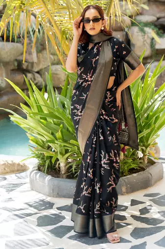 black floral print cotton silk saree with blouse piece