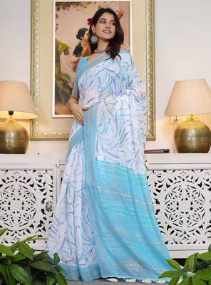 white geometric print cotton blend saree with blouse piece 3