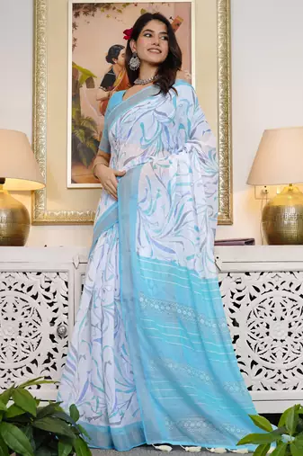 white geometric print cotton blend saree with blouse piece