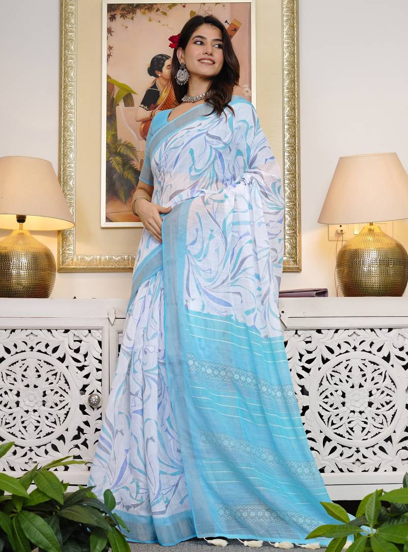 white geometric print cotton blend saree with blouse piece