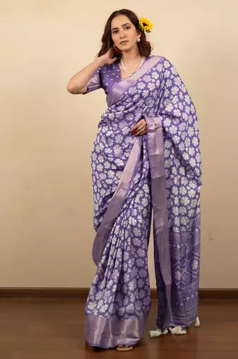purple floral print cotton silk saree with blouse piece