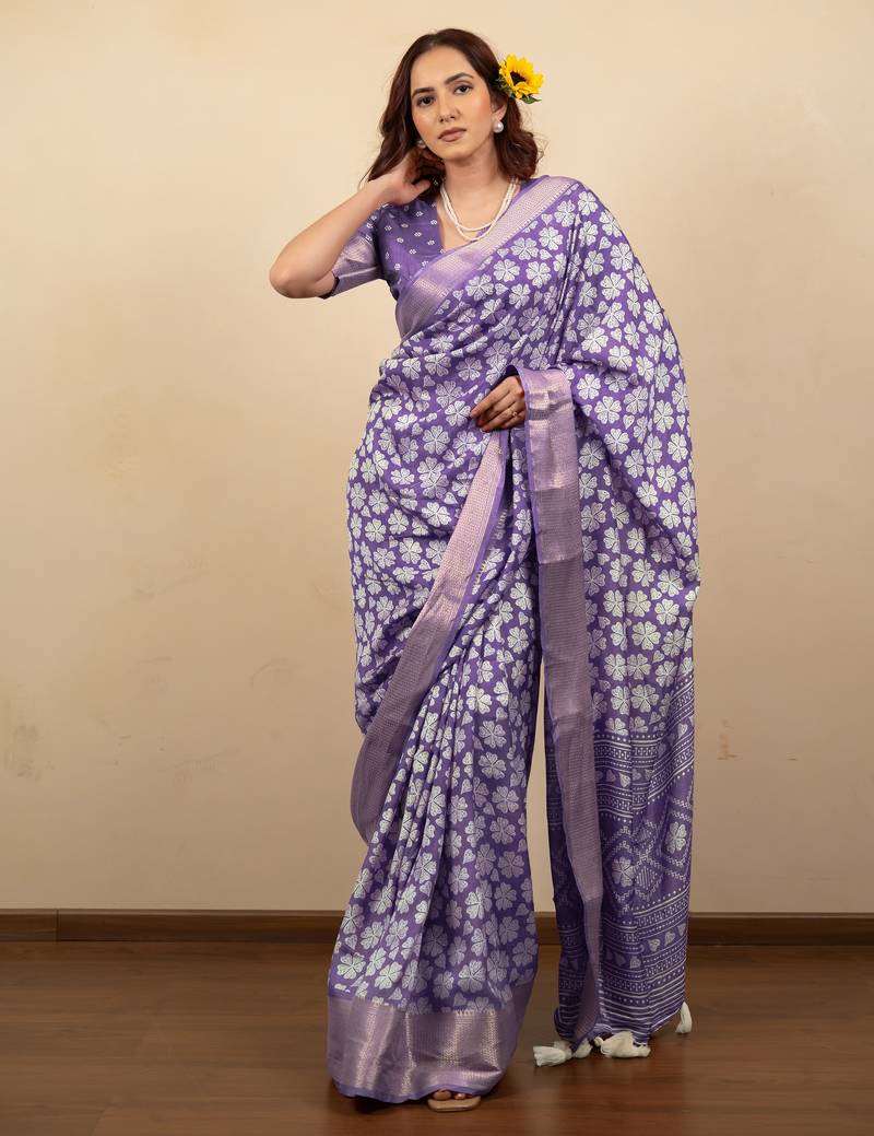 purple floral print cotton silk saree with blouse piece