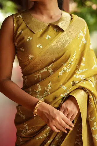 green geometric print cotton silk saree with blouse piece
