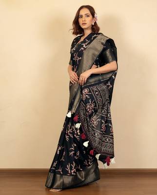 black floral print cotton silk saree with blouse piece 3