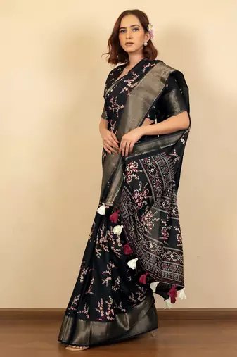 black floral print cotton silk saree with blouse piece