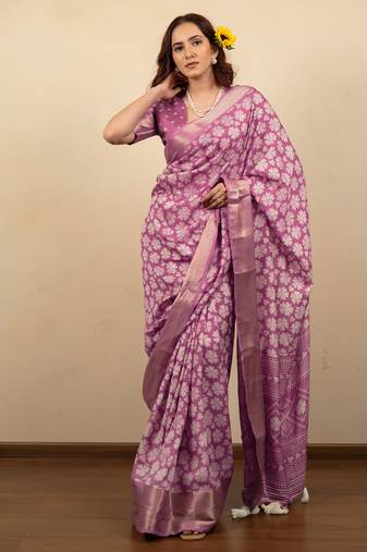 pink floral print cotton silk saree with blouse piece