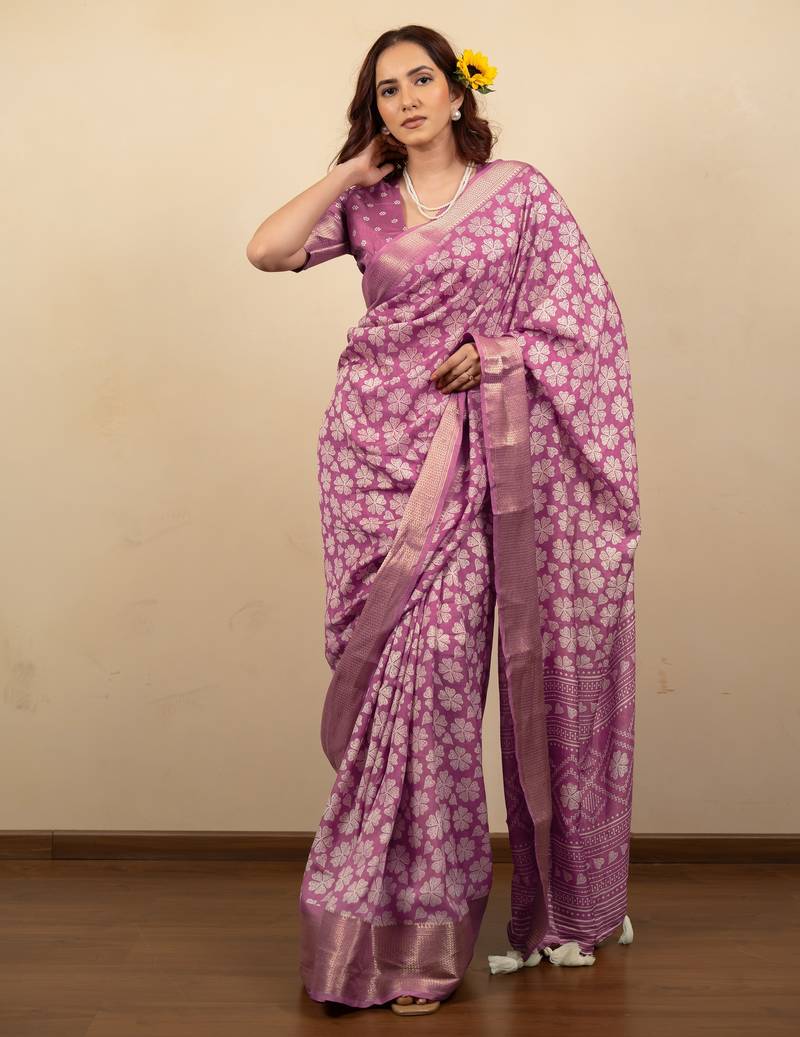 pink floral print cotton silk saree with blouse piece