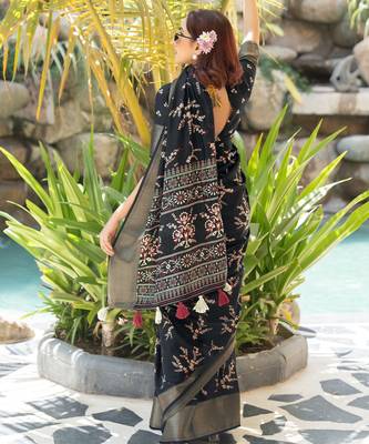 black floral print cotton silk saree with blouse piece 4