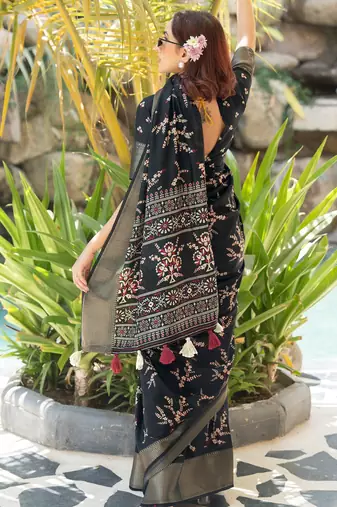 black floral print cotton silk saree with blouse piece