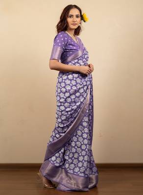 purple floral print cotton silk saree with blouse piece 3