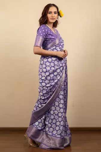 purple floral print cotton silk saree with blouse piece
