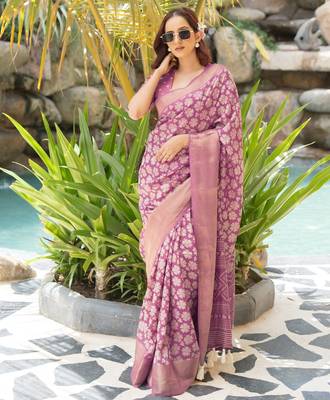 pink floral print cotton silk saree with blouse piece 2