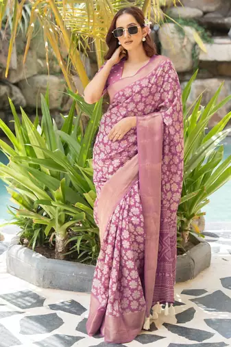 pink floral print cotton silk saree with blouse piece