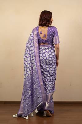 purple floral print cotton silk saree with blouse piece 4