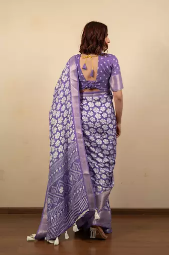 purple floral print cotton silk saree with blouse piece