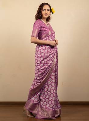pink floral print cotton silk saree with blouse piece 3