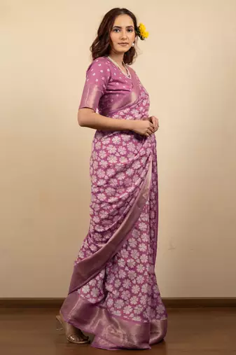 pink floral print cotton silk saree with blouse piece