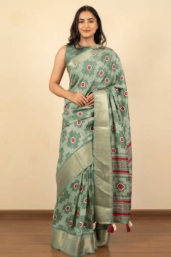 green geometric print cotton silk saree with blouse piece