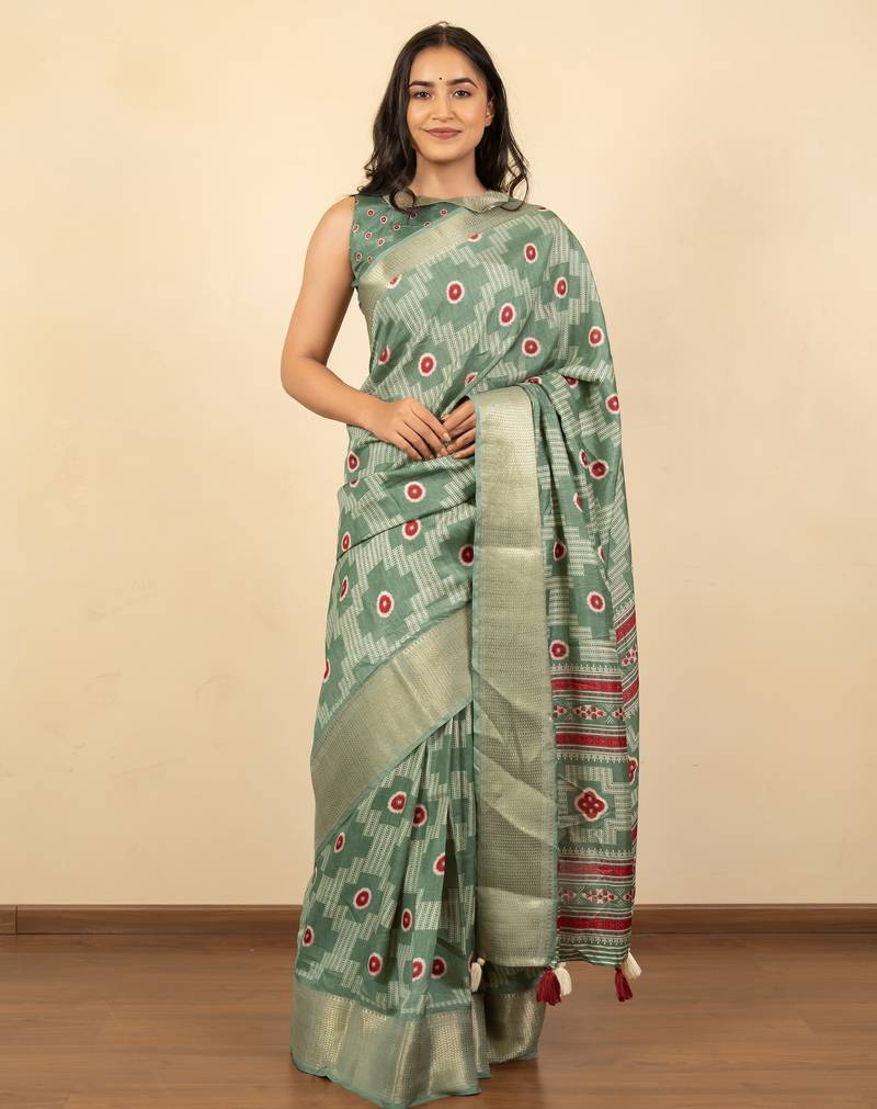 green geometric print cotton silk saree with blouse piece