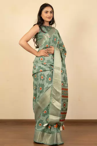 green geometric print cotton silk saree with blouse piece