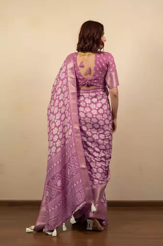 pink floral print cotton silk saree with blouse piece