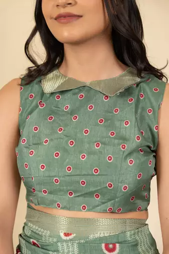 green geometric print cotton silk saree with blouse piece