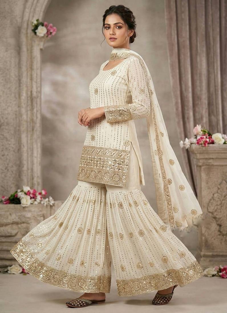 Premium white designer sharara set with heavy golden work